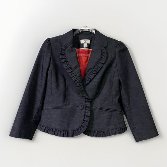 LOFT Jackets & Blazers - Loft Crop Blazer Ruffle Trim 3/4 Sleeves Blazer Womens 0P Blue Office Siren Corp